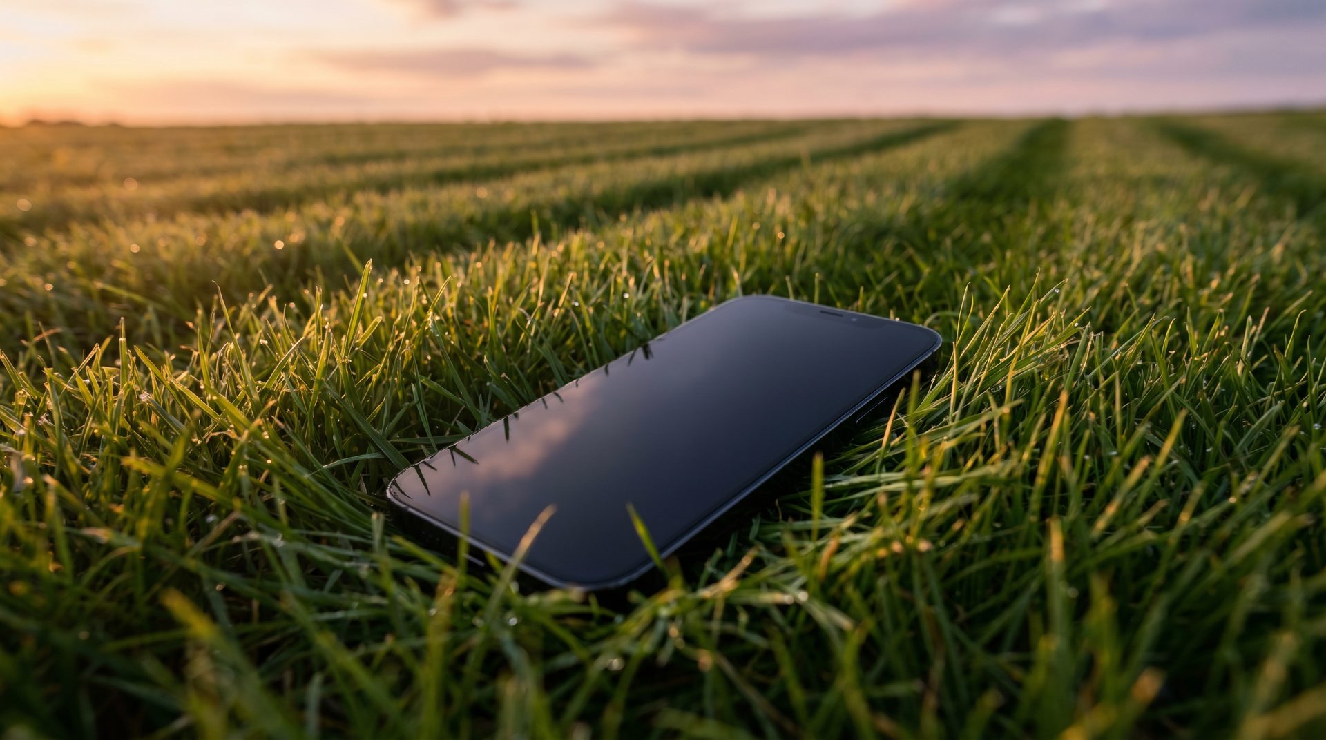 An iPhone resting on freshly mown rye grass at golden hour, pastel sunset on the horizon