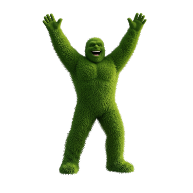 The Big Grass Guy mascot celebrating with arms raised